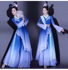 Chinese traditional Classical dance costumes for women girl blue gradient hanfu Han Tang dance dresses fan umbrella dance wear for female